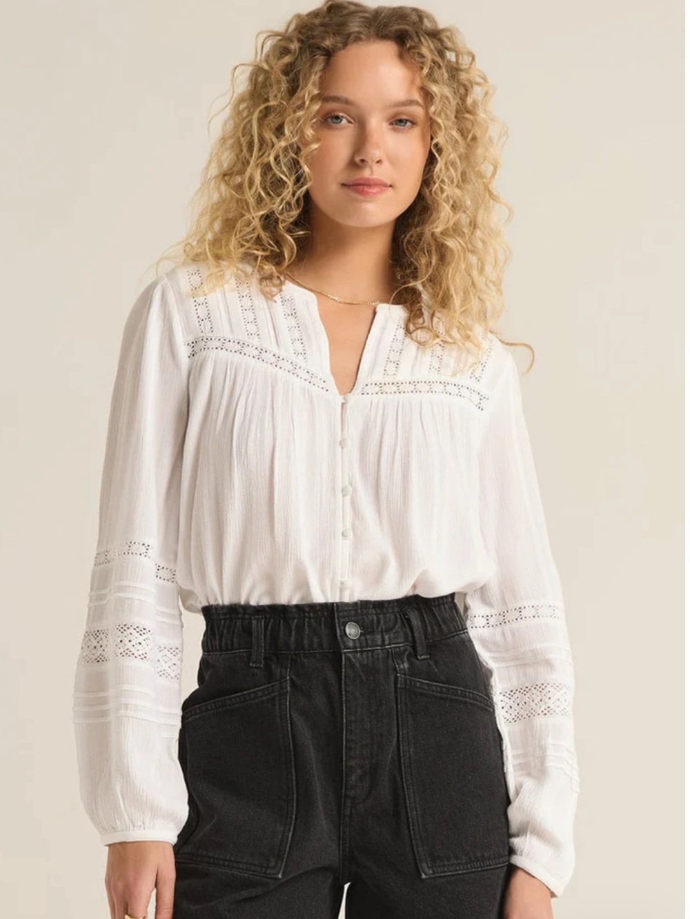 Z Supply White Jude Lace Long Sleeve Pheasant Blouse Size L